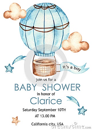 Watercolor baby shower for boys with hot air balloon, clouds, stars Stock Photo