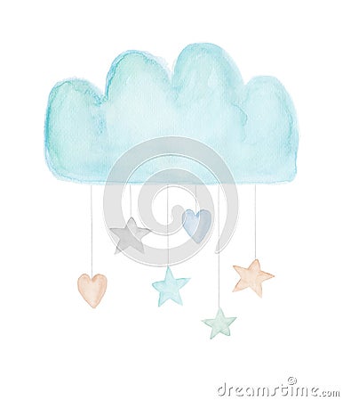 Watercolor Baby Shower Illustration. Pastel Blue Cloud with Hanging Hearts and Stars. Stock Photo