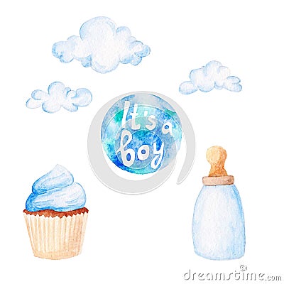 Watercolor baby shower set. Its a boy theme with clouds, baby bottle Stock Photo