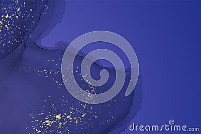 Watercolor background with abstract sapphire blue ink waves and golden glitter Stock Photo