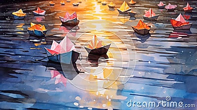 watercolor background capturing the whimsy of paper boats sailing in a puddle after the rain. Stock Photo