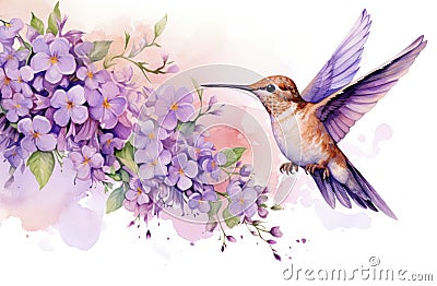 watercolor background with a colorful hummingbird with lilac flowers Stock Photo