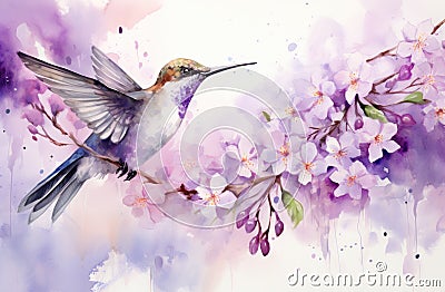 watercolor background with a colorful hummingbird with lilac flowers Stock Photo