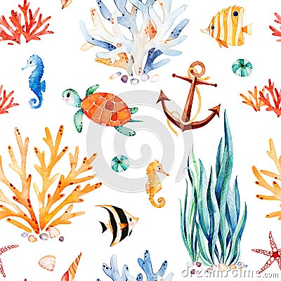 Watercolor background with cute turtle,seahorse,coral reef,seaweed,anchor. Stock Photo