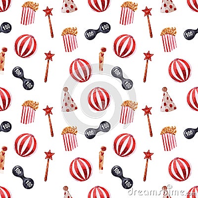 Watercolor seamless pattern with circus bears and festive attributes, balloons, banners, magic wands and popcorn Stock Photo