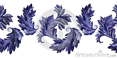 Watercolor seamless border with a stylized acanthus plant. Leaves, twigs and flowers Stock Photo