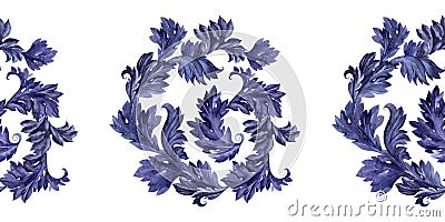 Watercolor seamless border with a stylized acanthus plant. Leaves, twigs and flowers Stock Photo