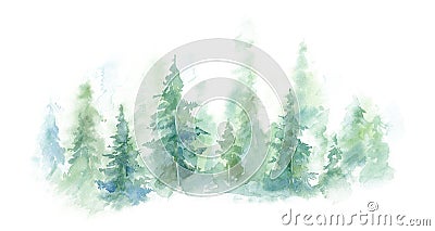 Green landscape of foggy forest, winter hill. Wild nature, frozen, misty, taiga. watercolor background Stock Photo