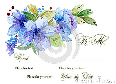 Watercolor background with flowers and leaves. Stock Photo