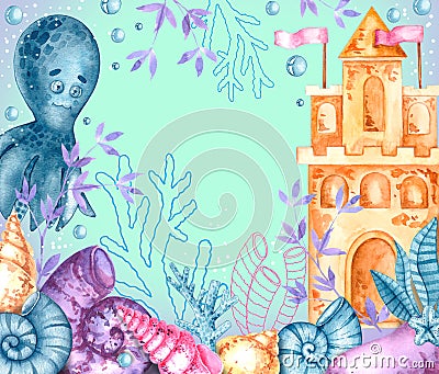 Watercolor background image with marine life, sand castle, seashells, corals on a bright background Cartoon Illustration