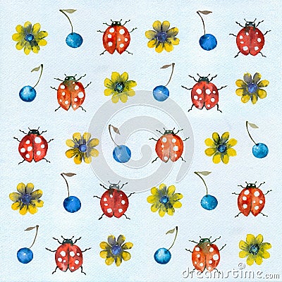 Watercolor background ladybugs. Stock Photo