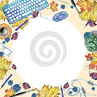 Watercolor background with objects for study and knowledge top view Vector Illustration