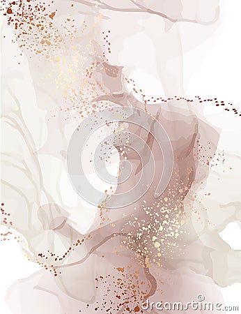 Watercolor background pastel color water splash texture with gold foil paint. Abstract dusty pink paper pattern. Stain resin art Vector Illustration