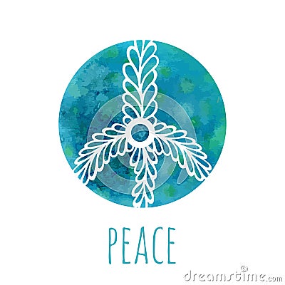 Watercolor background with peace sign. Music and love concept with hand-drawn doodle ornament. Hippie vector Vector Illustration
