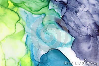 Watercolor background of peacock feather colors: dark indigo, turquoise blue, light green, citric yellow, cold white. Cartoon Illustration