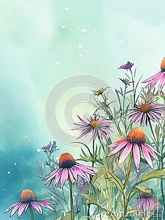 watercolor background - pink and purple cone flowers Cartoon Illustration