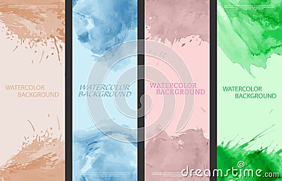 Watercolor background. A set of layouts for the design of postcards, invitations, covers, posters, flyers, posters Vector Illustration