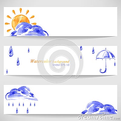 Watercolor background with sun umbrella, cloud and rain. Vector Illustration