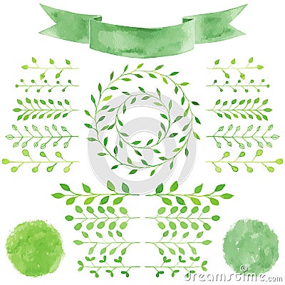 Watercolor badges, leaves, circle green wreath, ribbon, emblem Vector Illustration