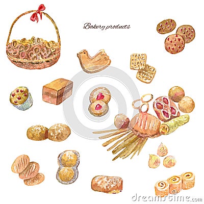 Watercolor bakery products. Set of sweet cakes, cookie, bread an Cartoon Illustration