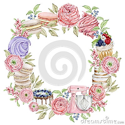 Watercolor bakery round wreath logo with cupcakes and rose flowers Cartoon Illustration