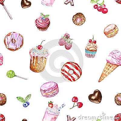 Watercolour tasty desserts seamless pattern in pastel colors. hand painted sweet treats on white background Cartoon Illustration