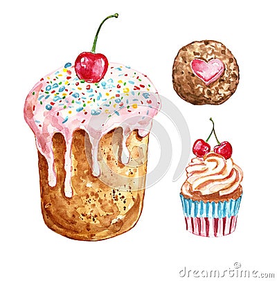 Watercolor sweets and desserts set. hand painted cake, cookie and cupcake with cherries, isolated on white background. Cartoon Illustration