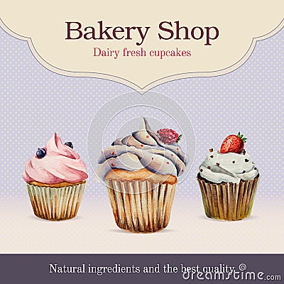 Watercolor bakery shop advertisement with cupcake Vector Illustration