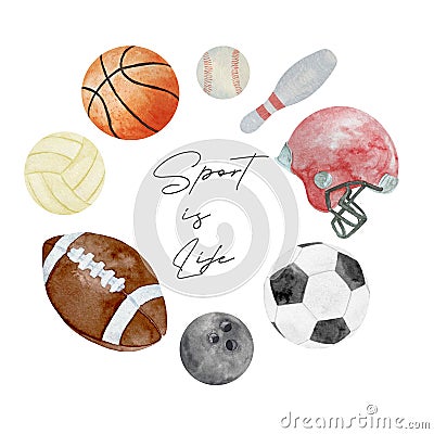 Watercolor Ball Sports Illustration, Ball Sports Clipart. Sport is life Stock Photo