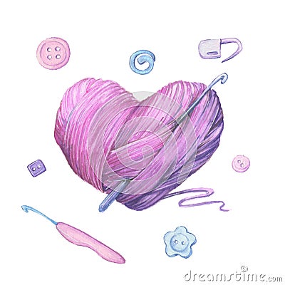 Watercolor ball of yarn for knitting in the form of a heart. Vector illustration Vector Illustration