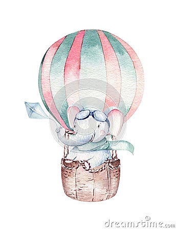 Watercolor balloon set baby cartoon cute pilot aviation illustration. sky transport balloons with giraffe and elephant Cartoon Illustration