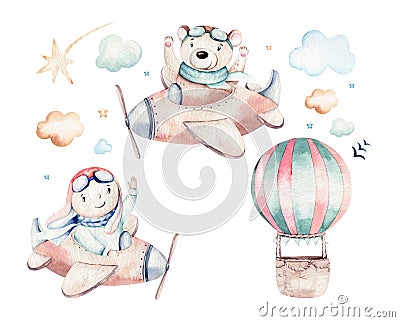 Watercolor balloon set baby cartoon cute pilot aviation illustration. sky transport balloons with giraffe and elephant Cartoon Illustration