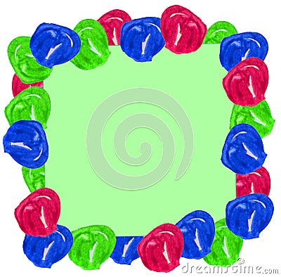 Watercolor balls in the form of a frame on a blue and green Christmas background. Can be used for postcards, gifts packaging, Stock Photo