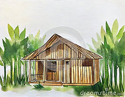 Watercolor of A bamboo house with white wooden bamboo background Stock Photo