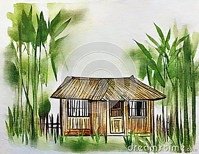 Watercolor of A bamboo house with white wooden bamboo background Stock Photo