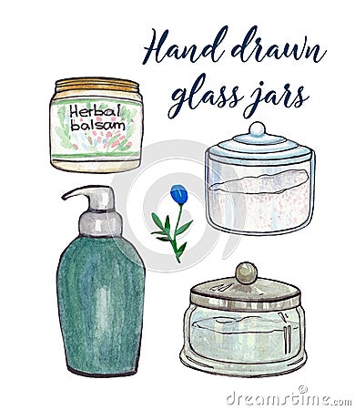 Watercolor bathroom containers and jars Stock Photo