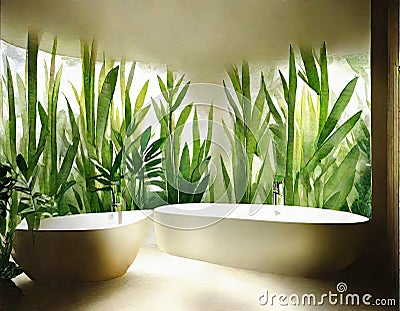 Watercolor of Bathroom tropical style interior design Stock Photo