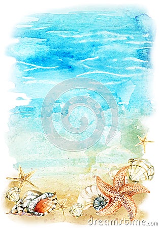 Watercolor beach illustration with sea shells and starfishes Cartoon Illustration