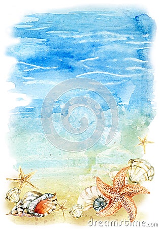 Watercolor beach illustration with sea shells and starfishes Cartoon Illustration