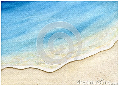 Watercolor beach painting background, golden sand and blue ocean water in summer, watercolor beach scene, Stock Photo