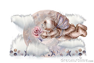 Watercolor teddy bear angel with pink hearts, cupcakes and a flower basket Stock Photo