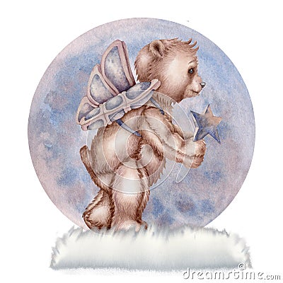 Watercolor teddy bear angel with pink hearts, cupcakes and a flower basket Stock Photo