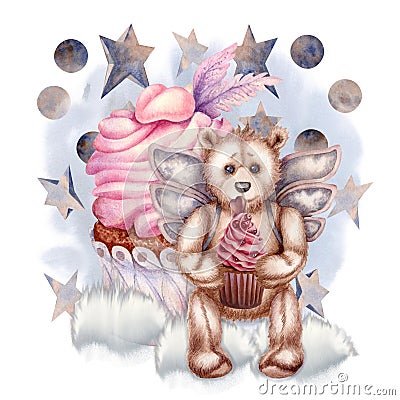 Watercolor teddy bear angel with pink hearts, cupcakes and a flower basket Stock Photo