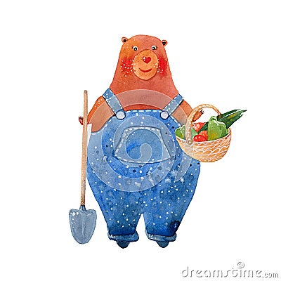 Watercolor bear gardener Cartoon Illustration