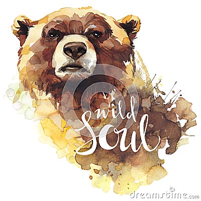 Watercolor bear with handwritten words Wild Soul. Forest animal. Wildlife art illustration. Can be printed on T-shirts Cartoon Illustration