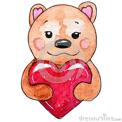 Watercolor bear with heart for Valentine`s day Stock Photo