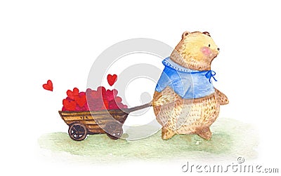 Watercolor bear with truck full of hearts Cartoon Illustration