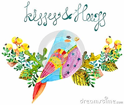 Watercolor beautiful bird and flowers Vector Illustration