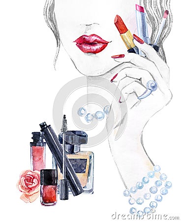 Watercolor beautiful face. woman portrait with lipstick. Stock Photo