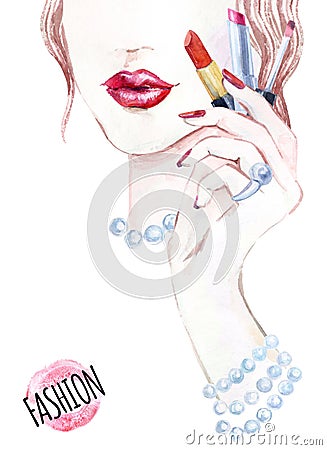 Watercolor beautiful face. woman portrait with lipstick. Stock Photo